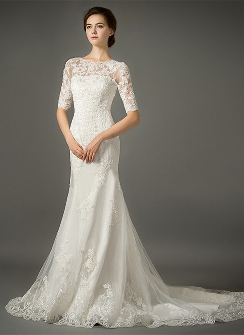 Mermaid High Neck Low V Back Half Sleeve Lace Wedding Dress With Buttons