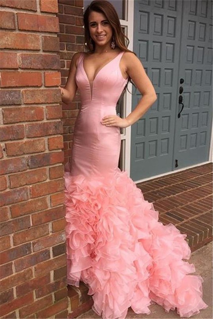Mermaid Plunging Neckline Blush Pink Organza Ruffle Prom Dress