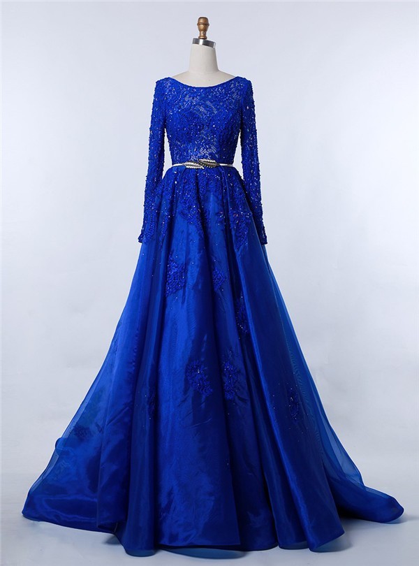 Modest Bateau Neckline Long Sleeve Royal Blue Organza Lace Beaded Prom