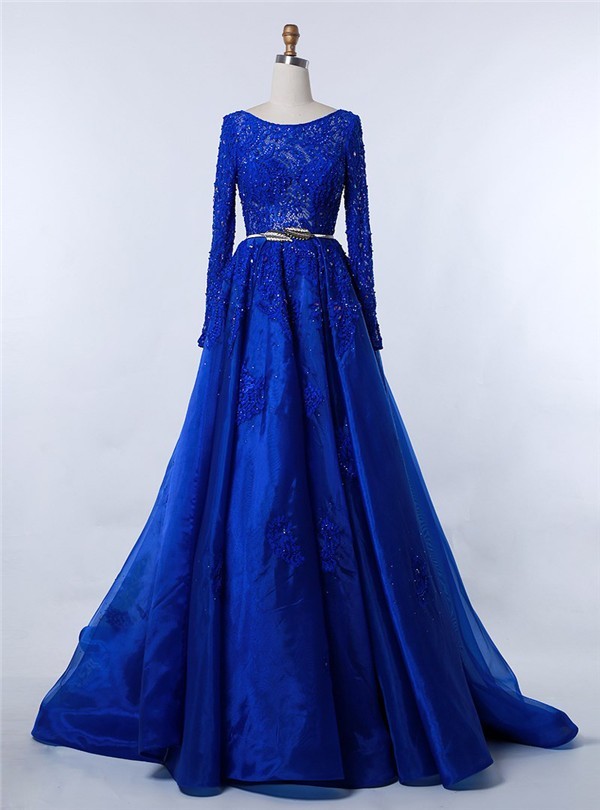 Modest Bateau Neckline Long Sleeve Royal Blue Organza Lace Beaded Prom