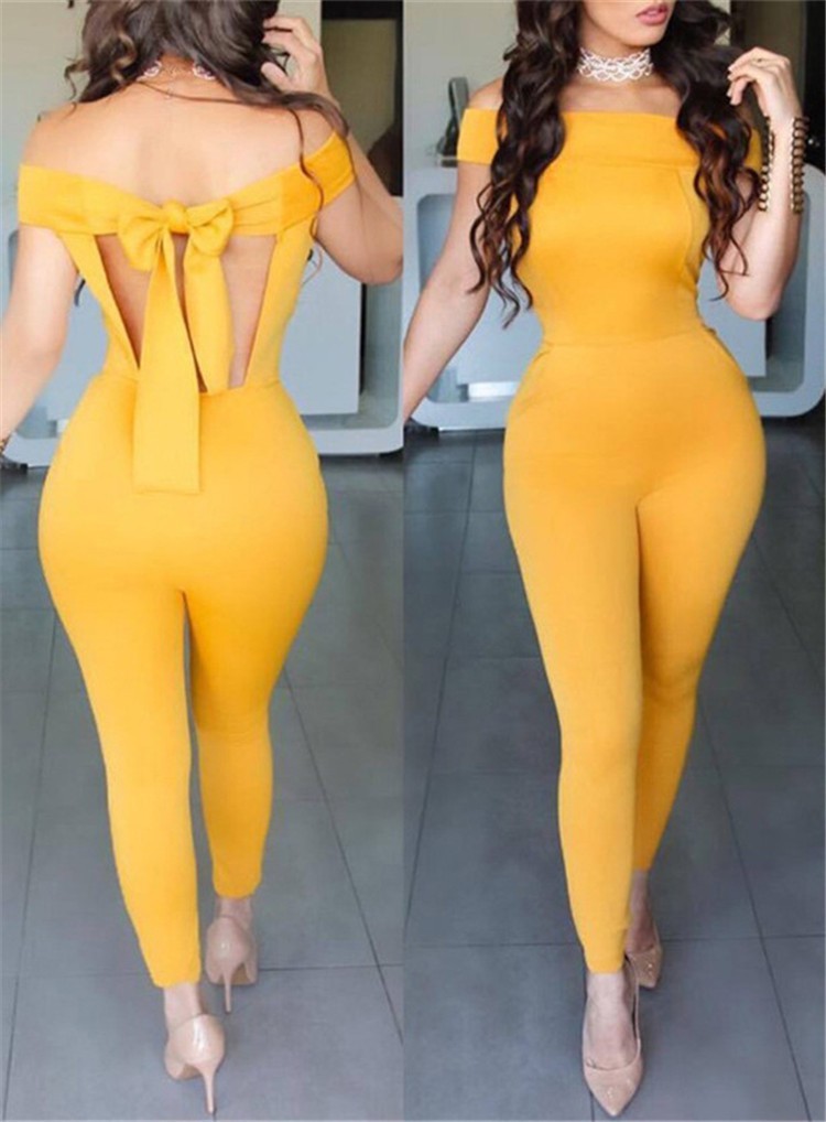 Off The Shoulder Open Back Bodycon Rompers Women Jumpsuit With Bow