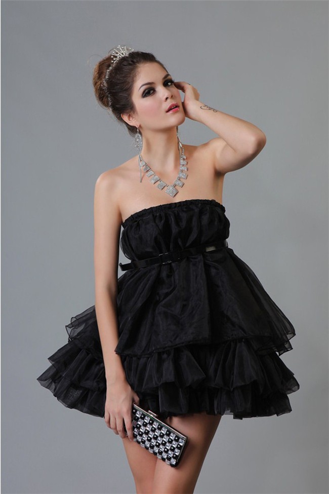 Puffy Ball Gown Strapless Mini  Black Organza Ruffle Tiered 