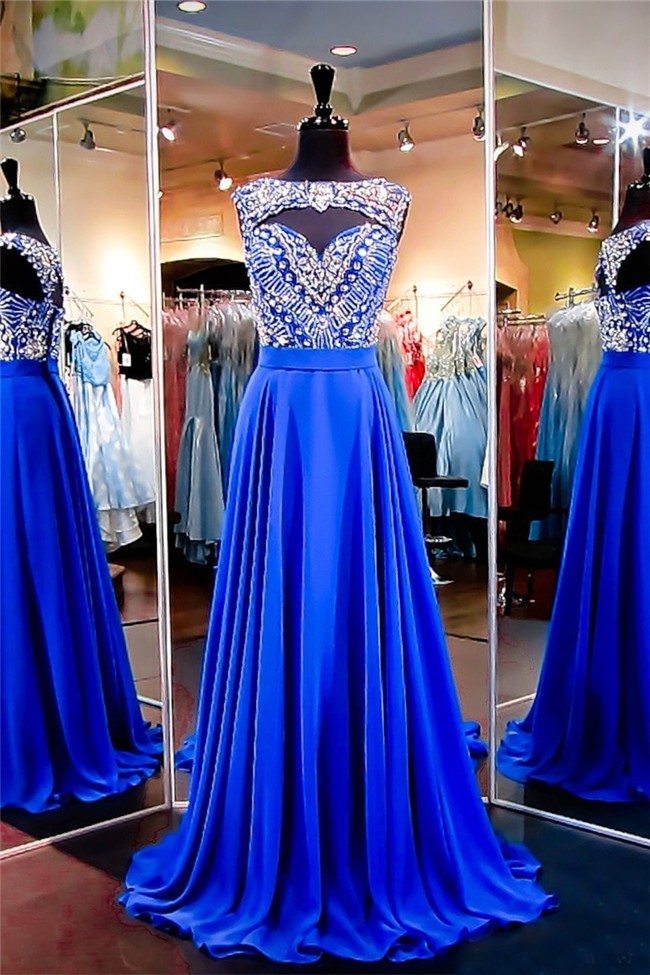 Sexy A Line Cut Out Long Royal Blue Chiffon Beaded Prom Dress
