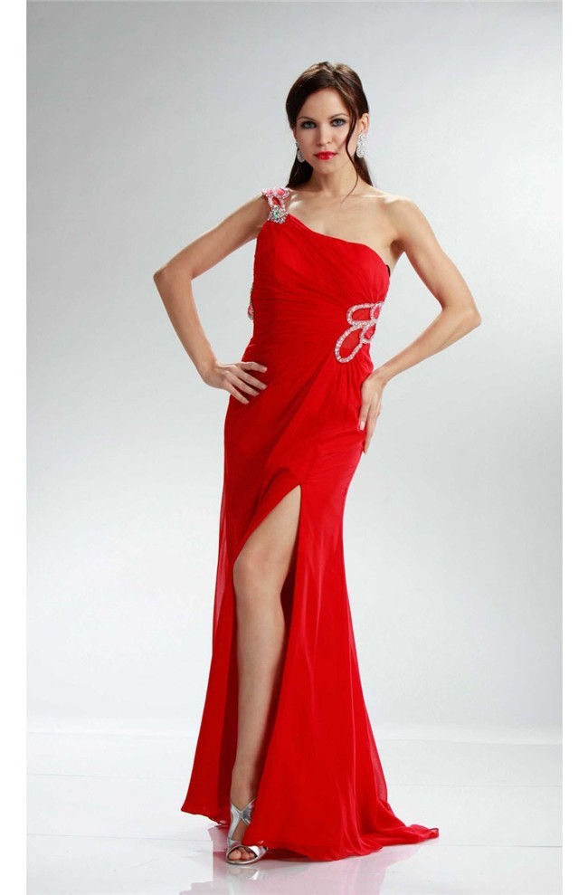 Sexy One Shoulder CutOut Back High Slit Long Red Chiffon Prom Dress