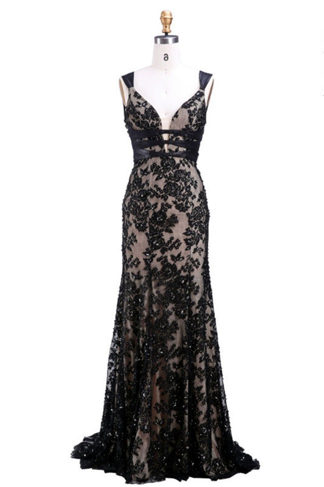 Sexy Plunging Neckline Corset Back Black Lace Beaded Evening Prom Dress ...