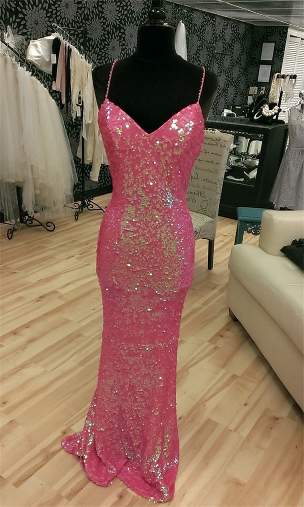 Sexy Sweetheart Backless Long Watermelon Sequin Sparkly Prom Dress With