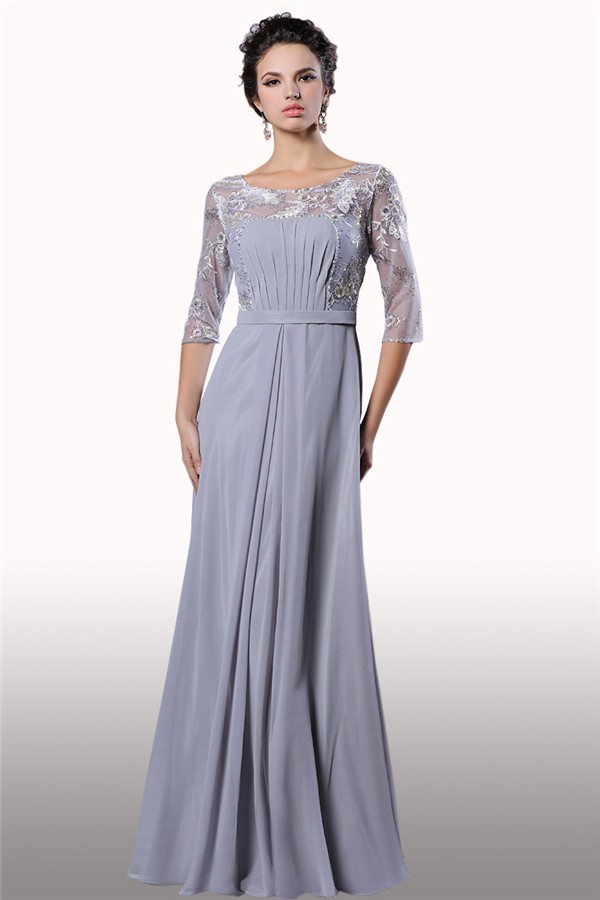Sheath Bateau Neck Long Silver Chiffon Tulle Lace Sleeve Evening Dress ...