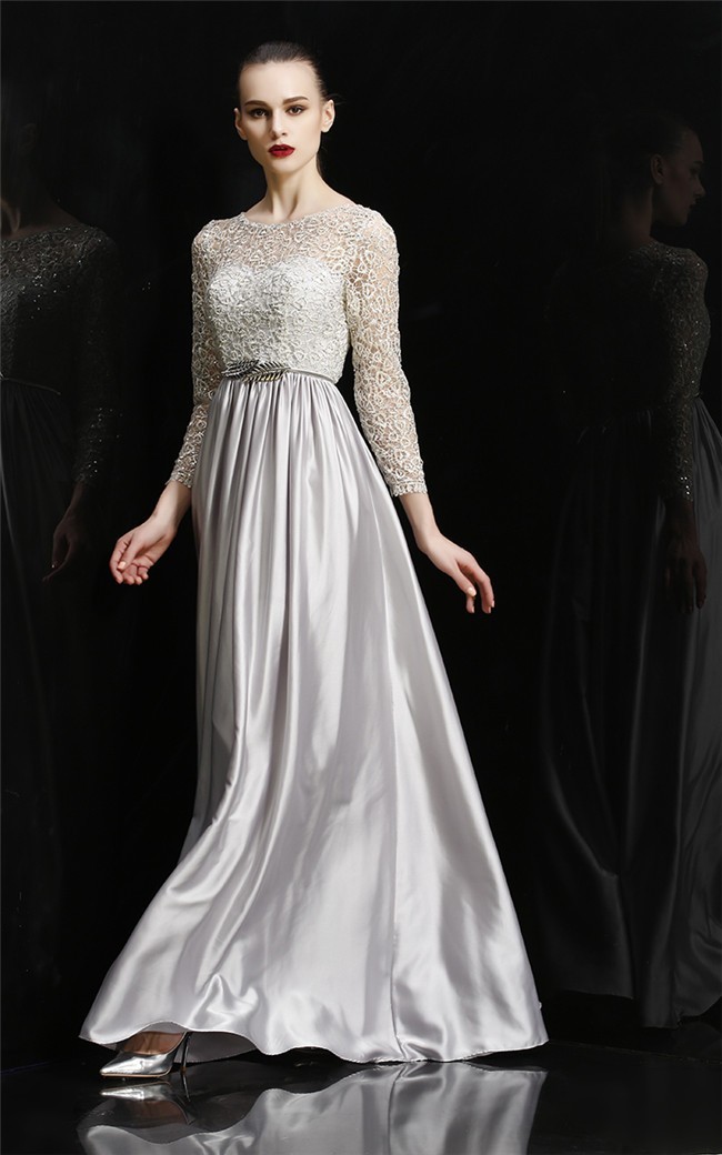 Sheath Bateau Neckline Long Silver Silk Evening Prom Dress With Lace ...