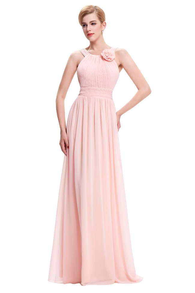 Sheath Long  Blush  Pink  Chiffon Ruched Bridesmaid  Dress  