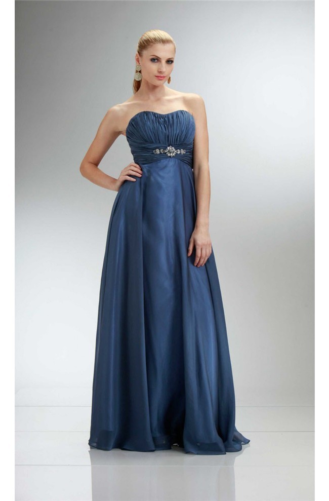 Sheath Strapless Long Navy Blue Chiffon Prom Dress With Rhinestones