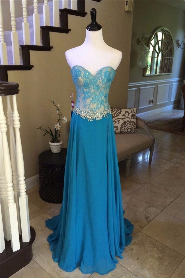 Sheath Sweetheart Long Blue Chiffon Lace Beaded Prom Dress