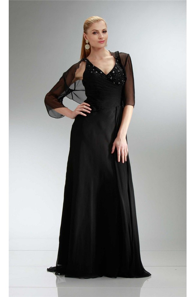 Sheath V Neck Long Black Chiffon Beaded Mother Evening  