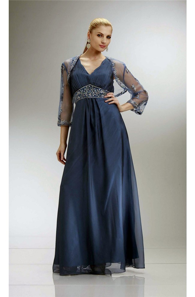 Sheath V Neck Sleeveless Navy Blue Chiffon Beaded Evening Dress With ...