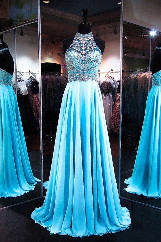 Stunning A Line Halter Long Aqua Chiffon Beaded Prom Dress