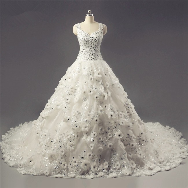 Stunning Ball Gown Organza Lace Flower Beaded Sparkly Wedding Dress