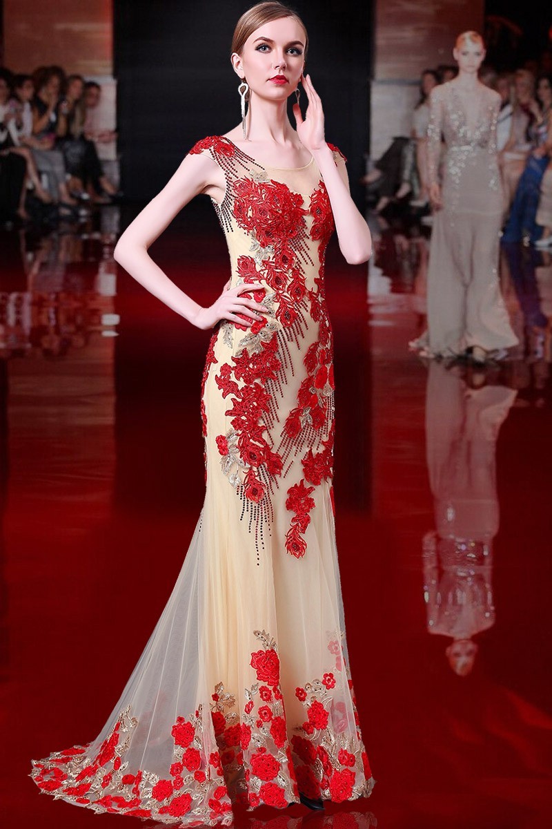 Stunning Mermaid Cap Sleeve Champagne Tulle Red Applique Beaded Evening ...