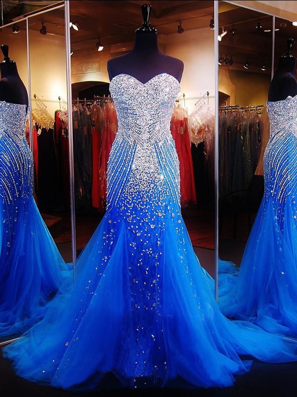 Stunning Mermaid Strapless Royal Blue Tulle Heavy Beaded Prom Dress