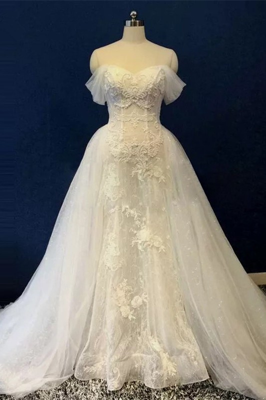 Civil Mermaid Sweetheart Off The Shoulder Corset Back Beaded White