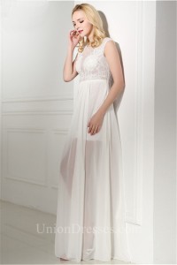 Allure Cap Sleeve Long White Chiffon Lace Beaded Party Prom Dress