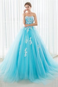 Fairy Ball Gown Strapless Turquoise Tulle Lace Beaded Prom Dress Lace ...