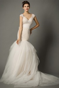 Mermaid V Neck Cap Sleeve Ruched Tulle Fit And Flare Wedding Dress