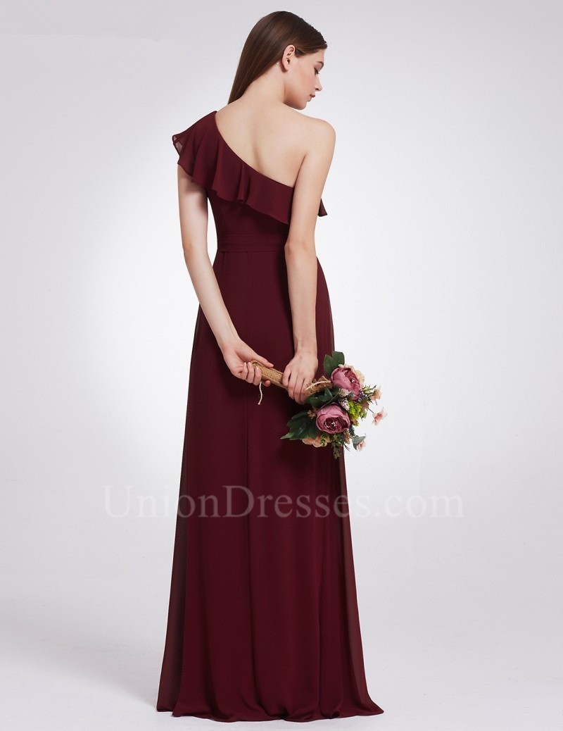 Elegant One Shoulder Burgundy Chiffon A Line Prom Bridesmaid Dress With ...