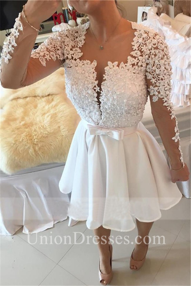 A Line Open Back Short White Chiffon Lace Pearl Prom Dress With Sleeves