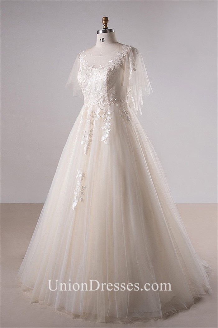 A Line Scoop Neck Lace Tulle Sleeve Bohemian Plus Size Wedding