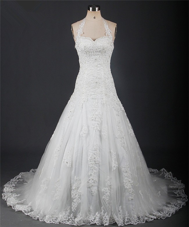 A Line Sweetheart Halter Lace Beaded Wedding Dress Corset Back