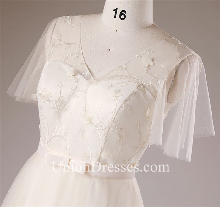 A Line V Neck Butterfly Sleeve Corset Tulle Plus Size Wedding Dress Bow ...