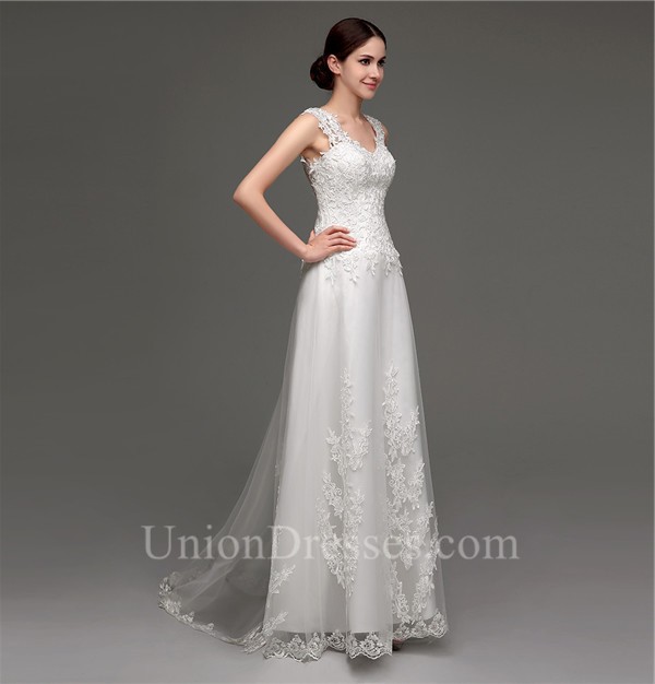 A Line V Neck Sheer Illusion Back Tulle Lace Wedding Dress Sweep Train