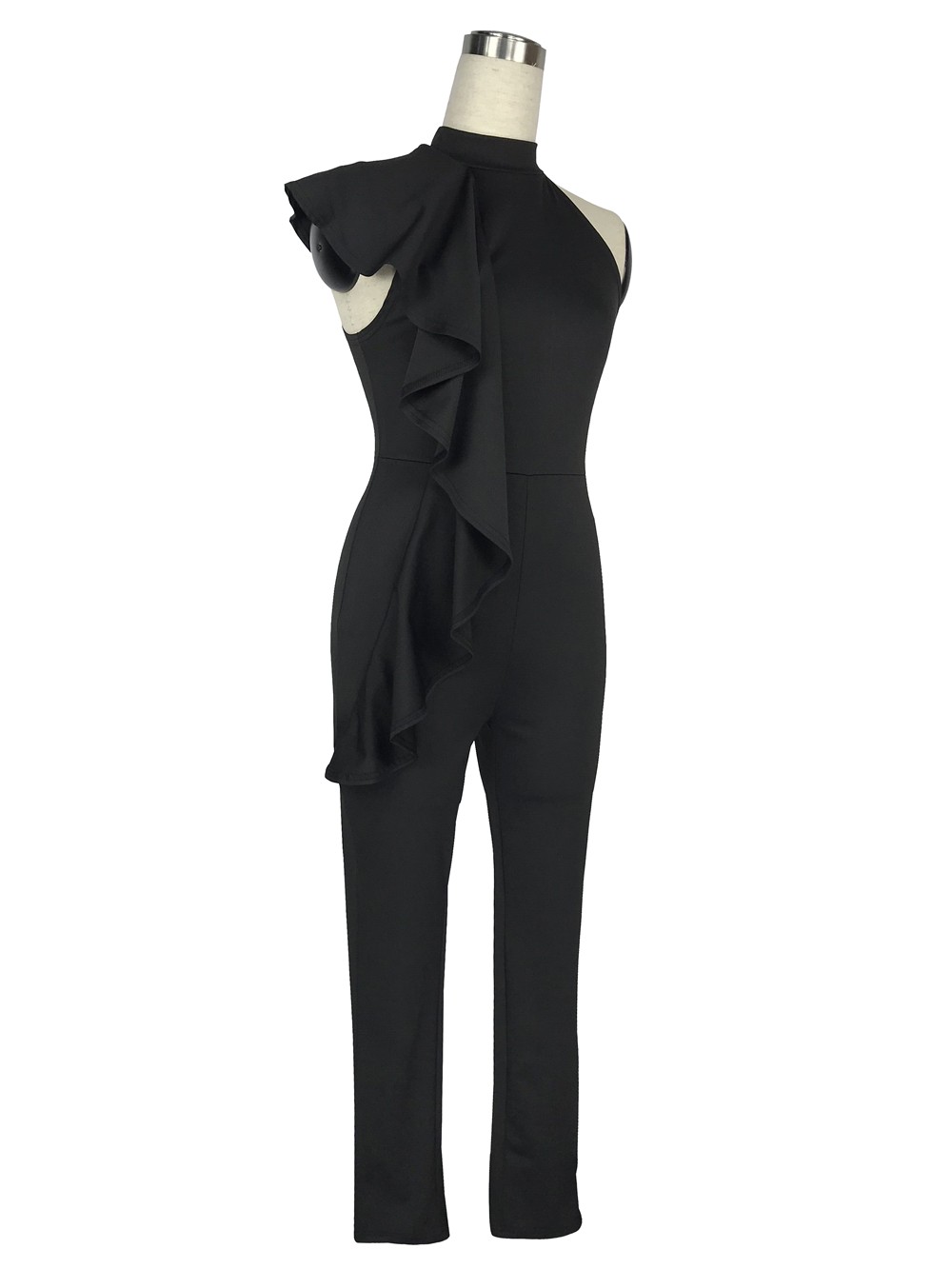 Asymmetrical High Neck Black Ruffle Formal Evening Jumpsuit For Women