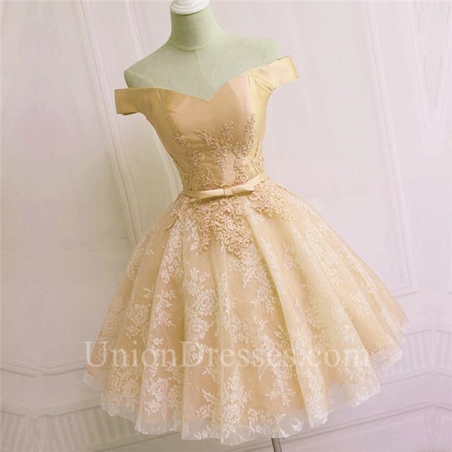Ball Gown Off The Shoulder Dusty Rose Tulle Lace Short Prom Dress Bow Belt