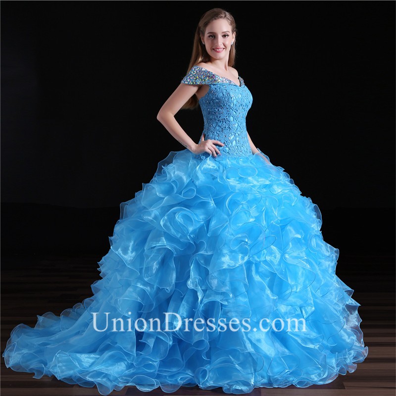 Ball Gown Off The Shoulder Turquoise Organza Ruffle Quinceanera Prom Dress