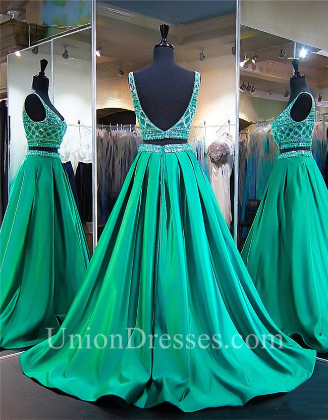 Ball Gown Scoop Neck Two Piece Emerald Green Satin Beaded Prom Dress