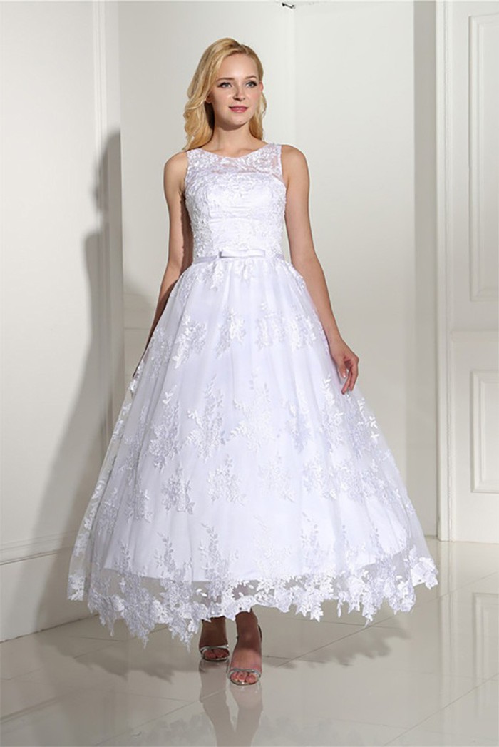 Ball Gown Sleeveless Tea Length Lace Wedding Dress With Bow Belt