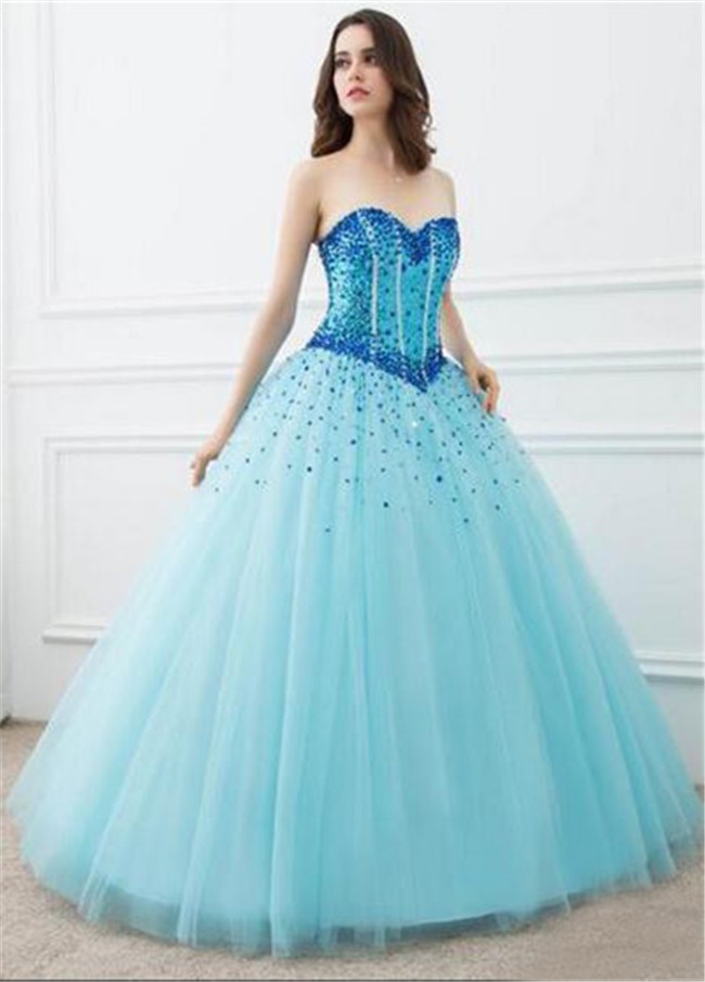 Ball Gown Strapless Light Blue Tulle Beaded Prom Dress Corset Back