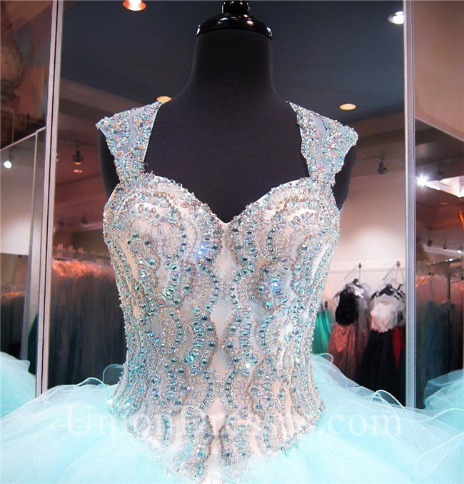 Ball Gown Sweetheart Corset Aqua Tulle Ruffle Puffy Quinceanera Prom Dress