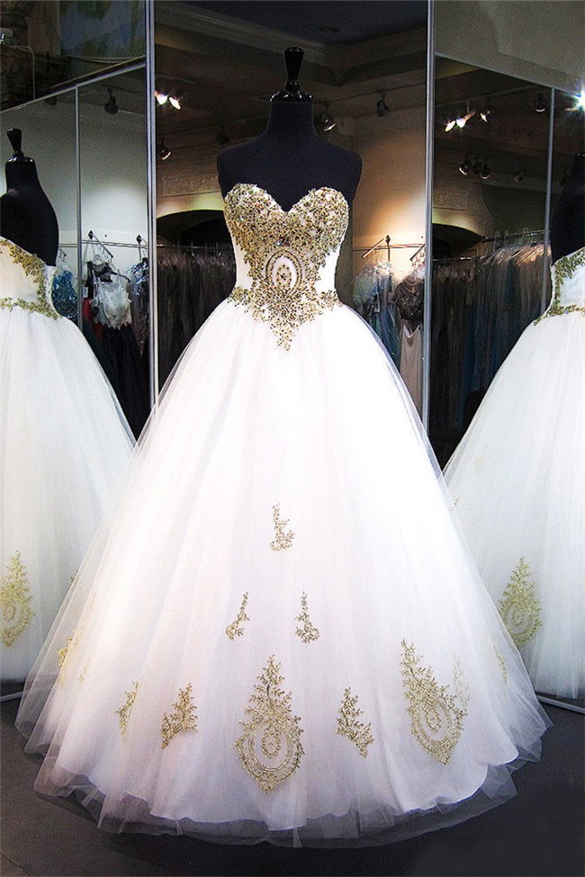 Ball Gown Sweetheart Corset Back White Tulle Gold Applique