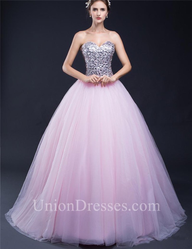 Ball Gown Sweetheart Light Pink Tulle Sequin Beaded Prom Dress Corset Back