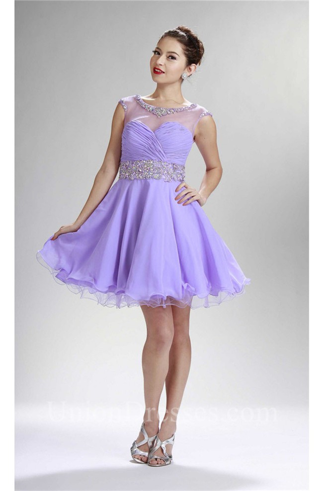 Beautiful Ball Cap Sleeve Open Back Short Lilac Chiffon Beaded Prom Dress