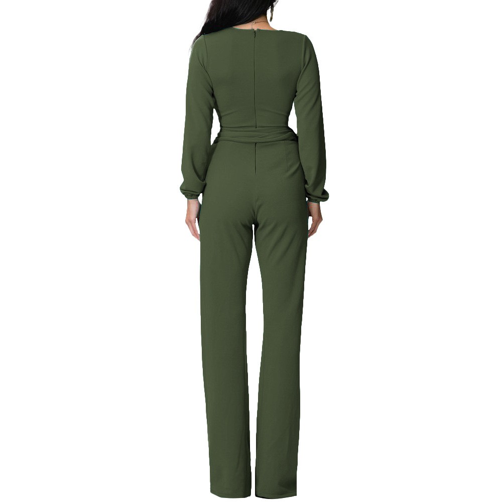 Casual V Neck Long Sleeve Olive Green Stretch Women Jumpsuit With Sash