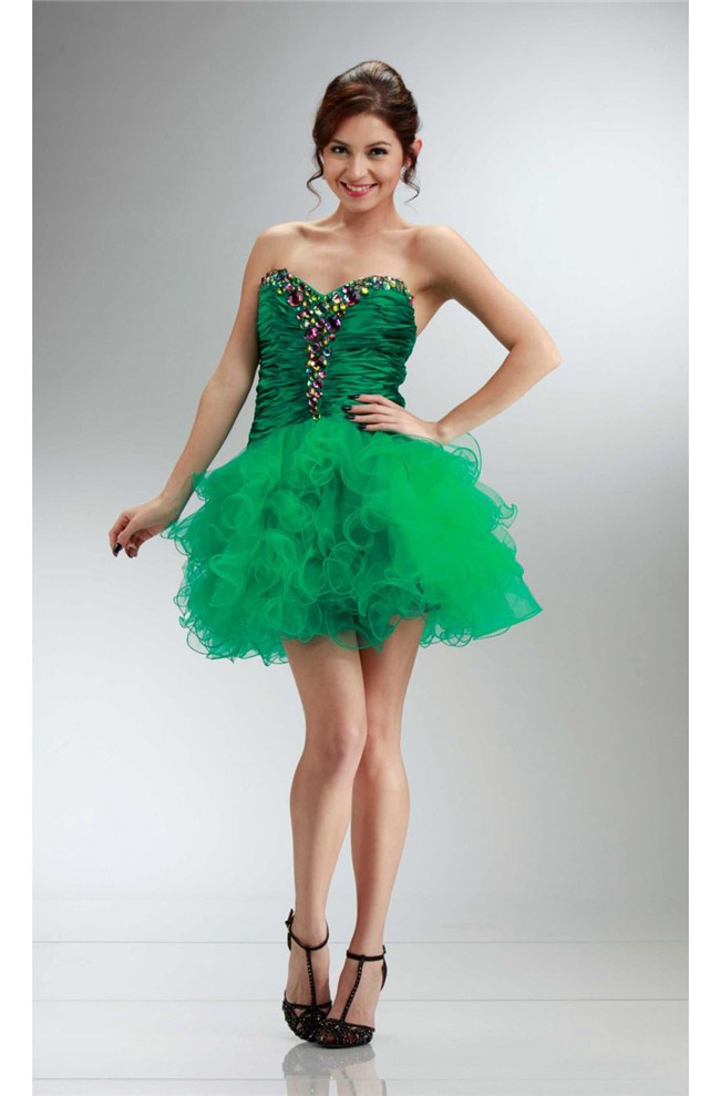 Charming Sweetheart Short Emerald Green Tulle Beaded Cocktail Prom Dress
