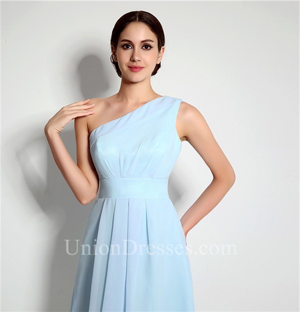 Cute A Line One Shoulder Light Blue Chiffon Bridesmaid Party Dress
