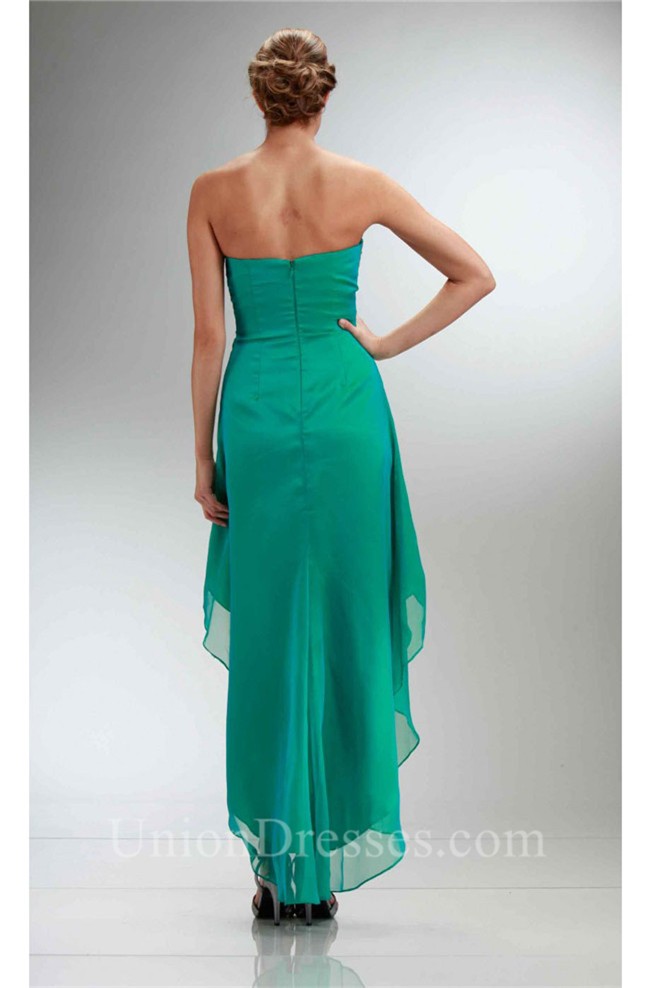Elegant High Low Strapless Empire Waist Green Chiffon Beaded Prom Dress