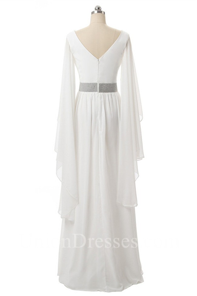 Elegant V Neck Long Sleeve White Chiffon Prom Dress With Beaded Sash