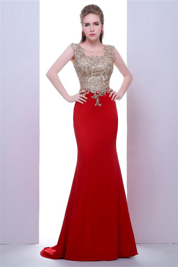 Fitted Illusion Neckline Long Red Jersey Gold Lace Evening Prom Dress