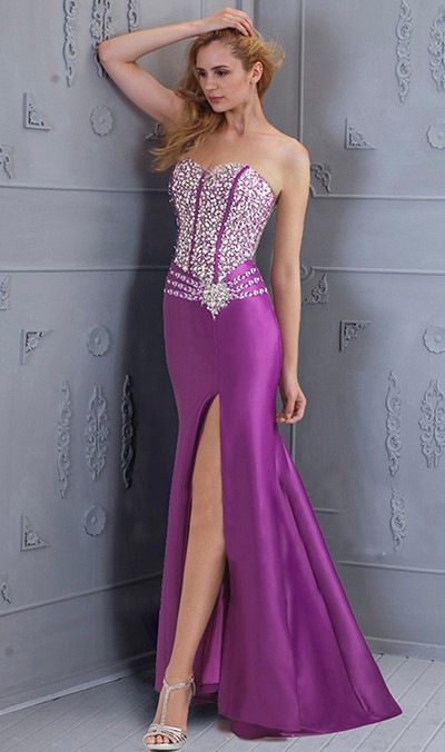 Fitted Strapless High Slit Purple Satin Beaded Corset Back Prom Dress