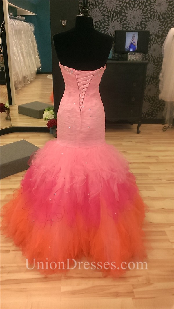 Flare Mermaid Strapless Pink Orange Ombre Tulle Ruffle Beaded Prom