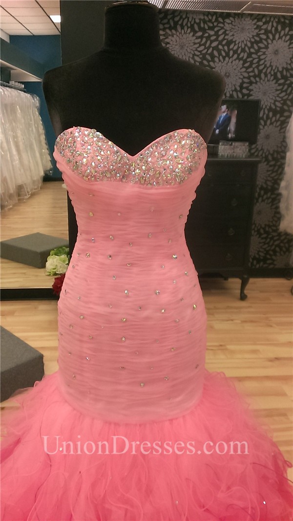 Flare Mermaid Strapless Pink Orange Ombre Tulle Ruffle Beaded Prom